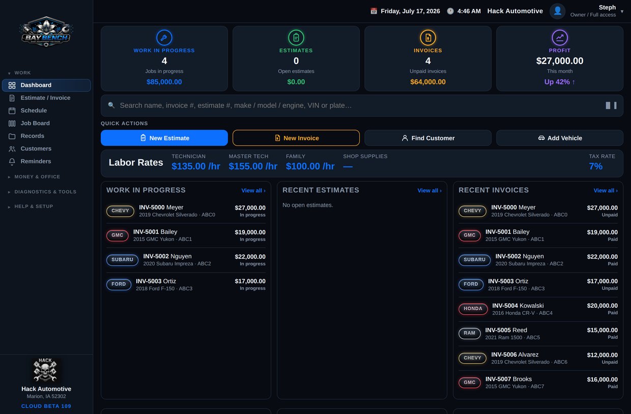 Bay Bench owner dashboard